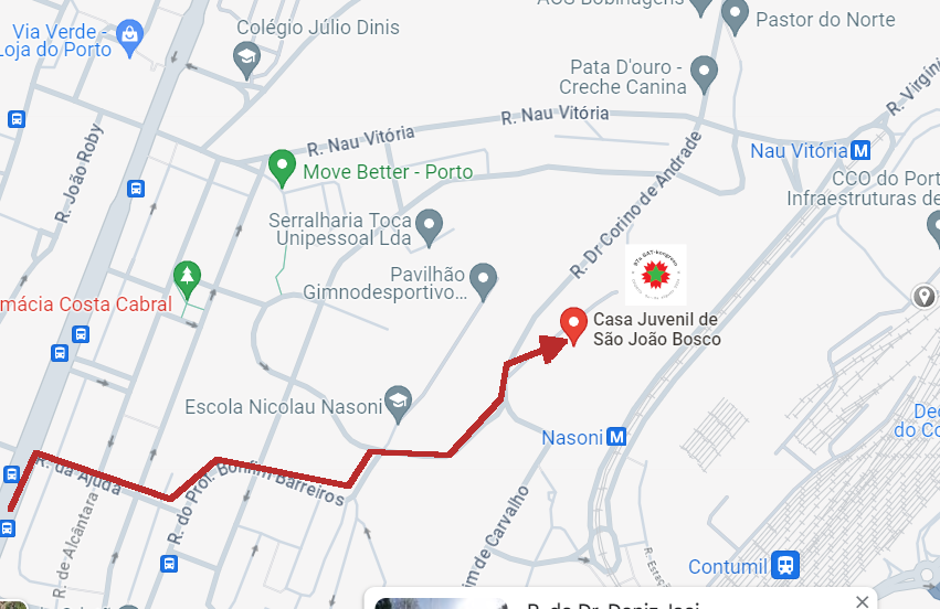 Eliru el buso en la haltejo R. Contumil, ĉe la avenuo Av. de Fernão Magalhães. Iru nordorienten ĝis la dekstra turno al la strato R. da Ajuda. Turnu al tiu ĉu strato, sekvu la R. da Ajuda sudorienten, trans 4 stratetoj, ĝis R. do Prof. Bonfim Barreiros. Tie, turnu maldekstren kaj iru laŭ R. do Prof. Bonfim Barreiros nordorienten. Tiu ĉi strato turnas dekstre, sekvu ĝin (trans R. de Joaquim Alves Teixeira) ĝis la maldekstra turno al la strateto Travessa Fonte de Contumil. Turnu tien, kaj iru laŭ Travessa Fonte de Contumil nordorienten, ĝis la kruciĝo kun strato R. de Santo António de Contumil. Turnu dekstren kaj sekvu R. de Santo António de Contumil komence orienten, poste nordorienten, ĝis la kruciĝo kun R. Dr. Corino de Andrade. Transiru tiun straton al malgranda vojo kaj iru laŭ tiu ĉi vojo al Quinta do Carvalho kaj Junulara Gastejo de São João Bosco. Tie estos la kongreso.